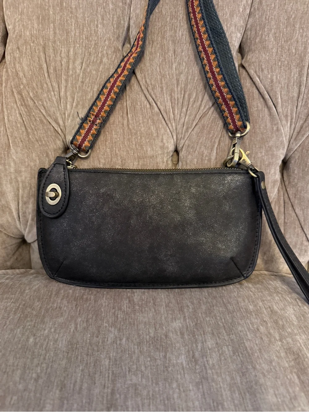 Joy Susan Black Crossbody Bag with Multicolor Woven Strap